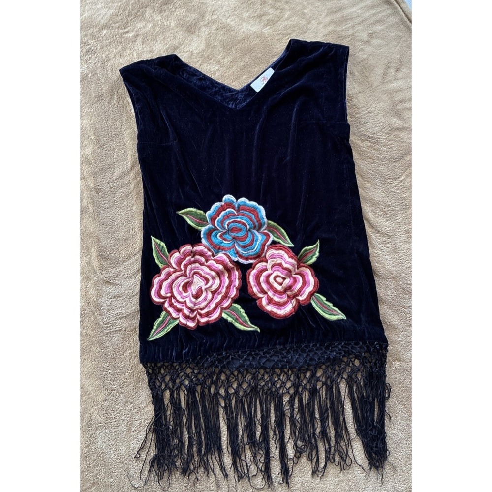 Women's Tunic Top Medium Navy Roja Velvet Embroidered Huipil Tassel Tunic Boho